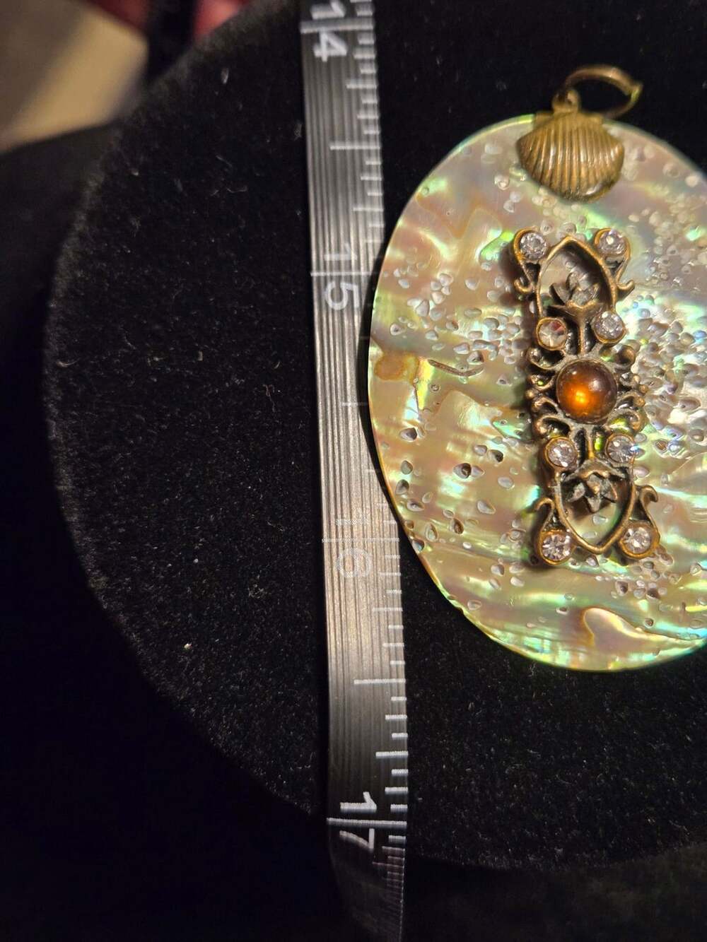 Vintage Abalone Shell and Rhinestone Filigree Pendant with Amber Stone